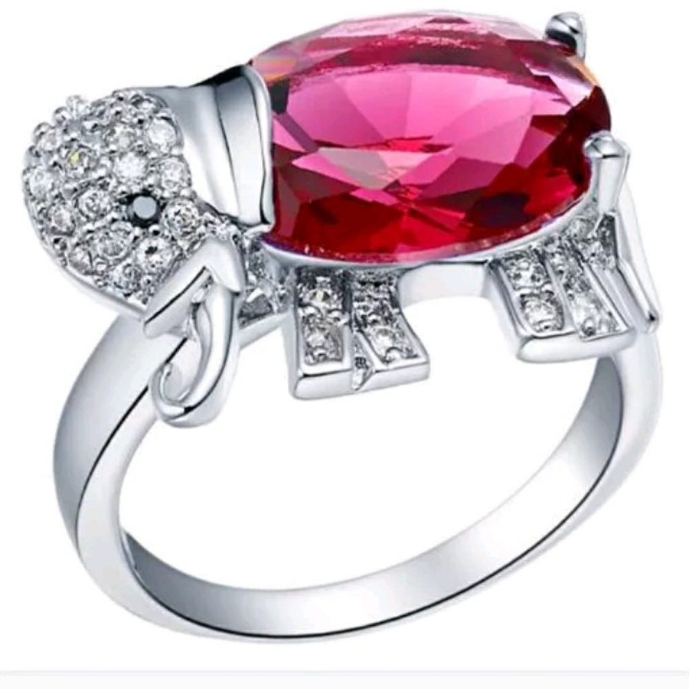Size 6 Silver Plated and Pink Elephant Ring